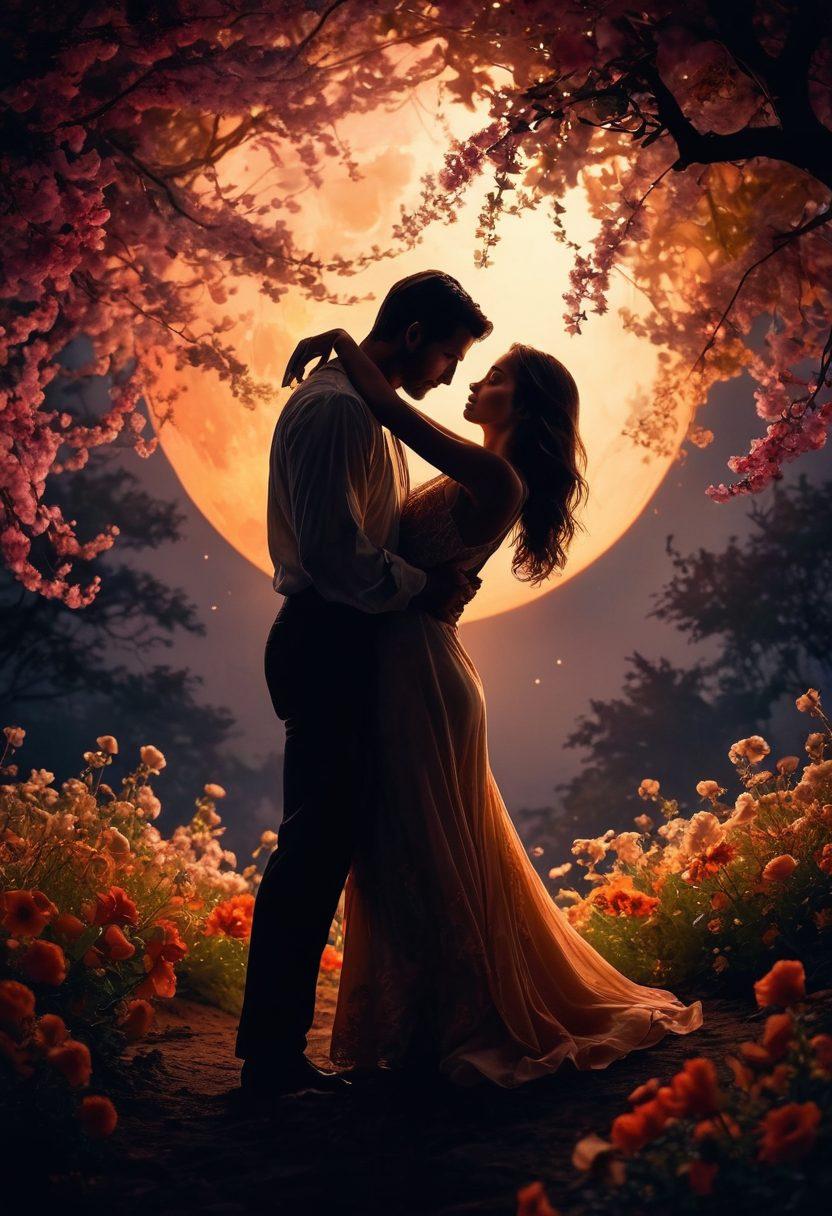 A captivating scene of two figures engaging in an intimate dance under a glowing moonlight, surrounded by delicate flowers that symbolize romance. Their movements convey passion and elegance, with silhouettes highlighting their chemistry. Soft, warm lighting enhances the sensual atmosphere, creating a dreamlike quality. Artfully blend warm tones and deep shadows to evoke emotion and charm. ethereal style. vibrant colors. soft focus.