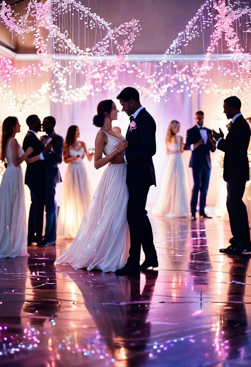 A whimsical dance floor illuminated by soft, romantic lighting where diverse couples engage in playful flirtation. Overlay heart-shaped sparkles surrounding the figures encourages a sense of affection. The background features elegant decorations like hanging fairy lights and subtle musical notes floating in the air to symbolize modern romance. A soft color palette of pinks and purples adds warmth and intimacy. painting. vibrant colors. soft focus.
